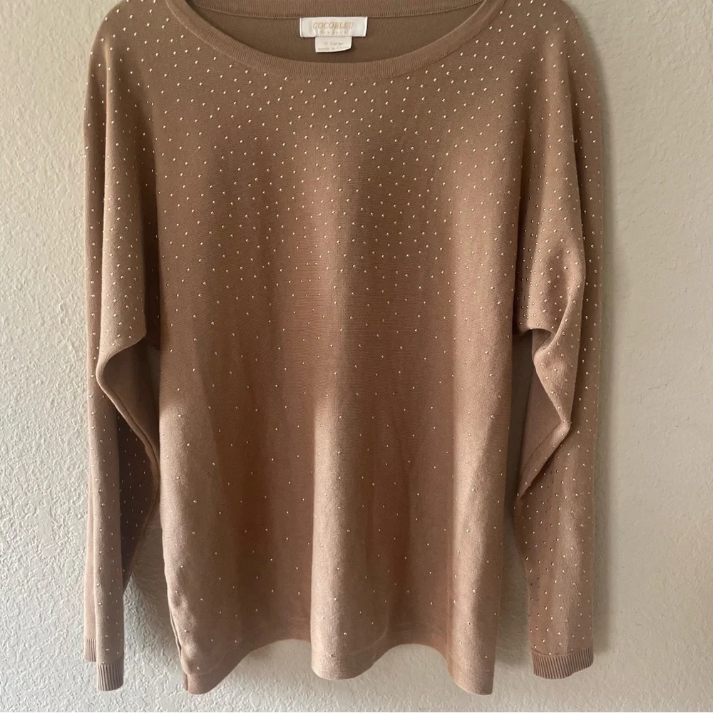Cocobleu woman's brown rhinestone sweater top size XL brown pullover lightweight - Picture 2 of 11